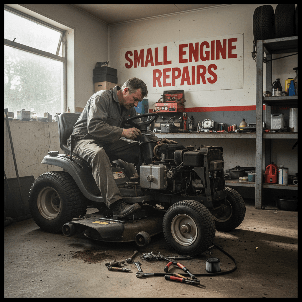 Mechanic working on a lawn mower engine