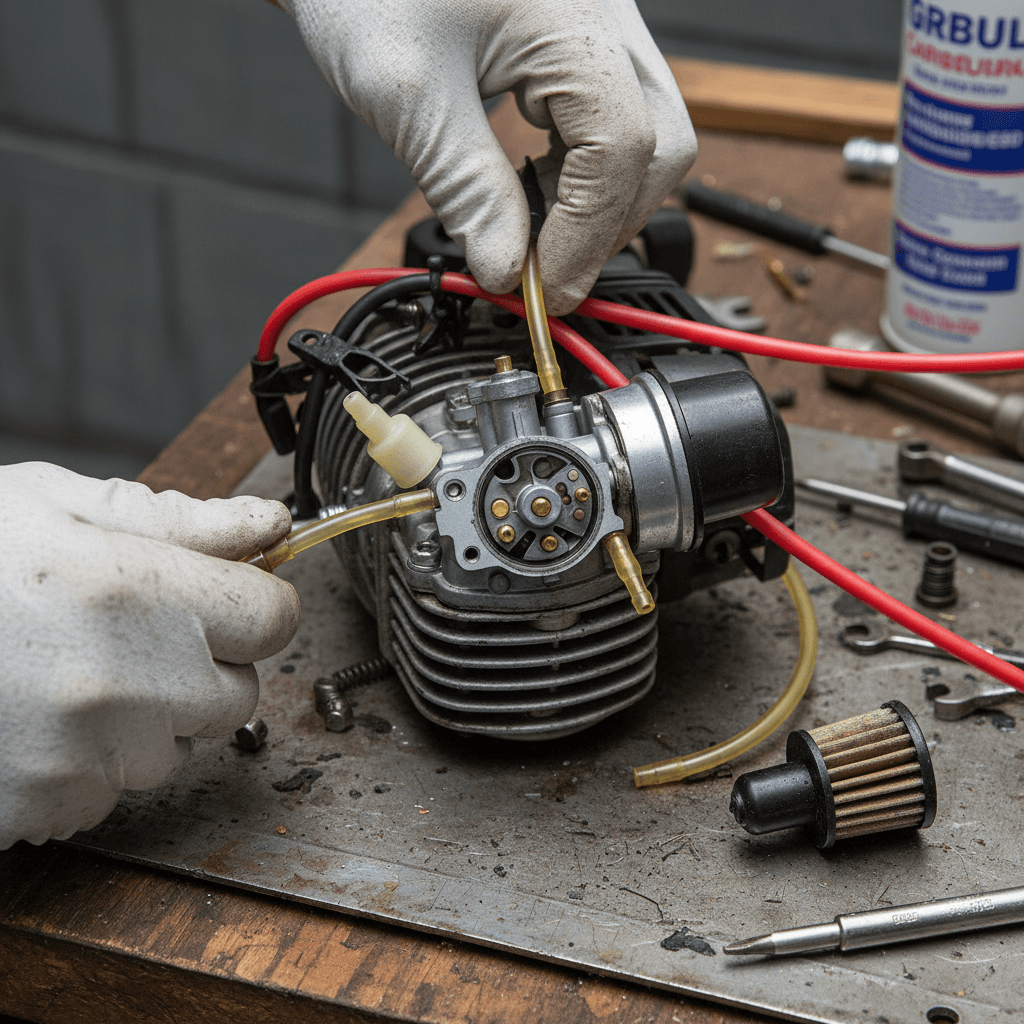 Close up repair of gas string trimmer weed eater engine carburetor and fuel lines