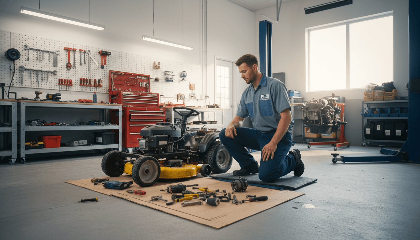 Mechanic working on a lawn mower in a well-lit repair shop