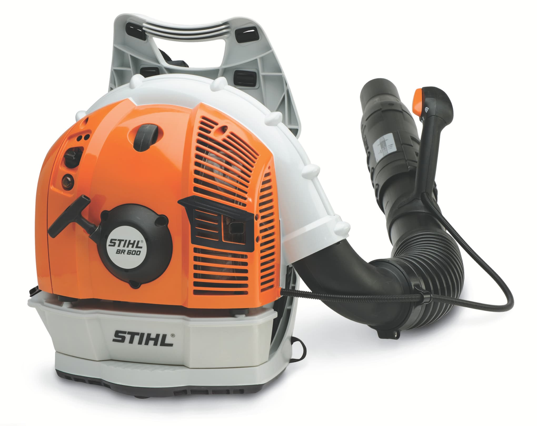 Stihl BR 600 backpack leaf blower with orange housing and flexible black blower tube.