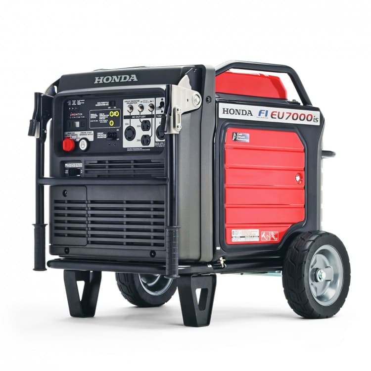 Red and black Honda EU7000is portable generator with a control panel, wheels, and folding handles.