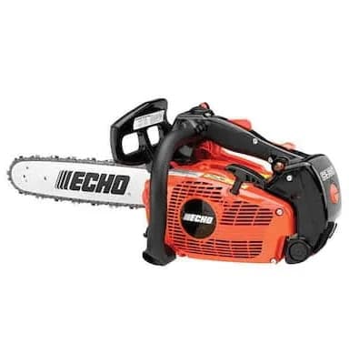 Orange and black Echo top-handle chainsaw with a silver guide bar and cutting chain.