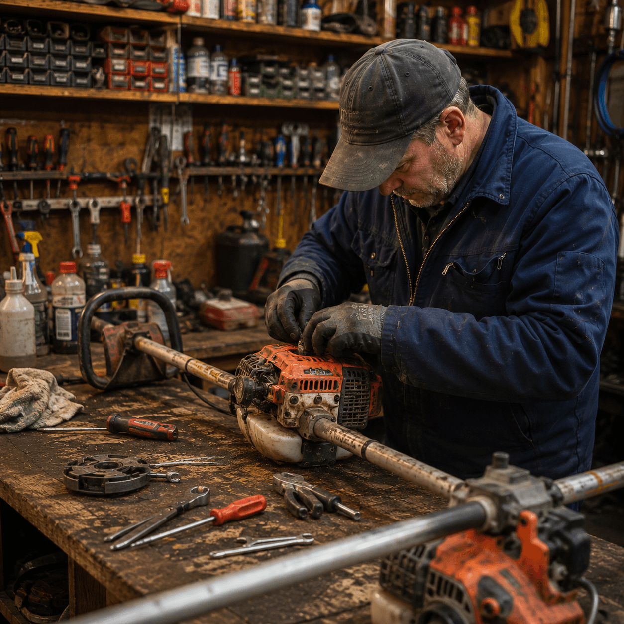 Man in a blue jacket repairs a string trimmer on a workbench filled with tools.